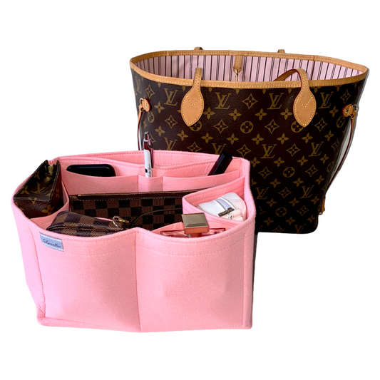 A Neverfull MM bag liner in pink color with multiple pockets, displayed alongside a Neverfull MM bag in brown monogram pattern.